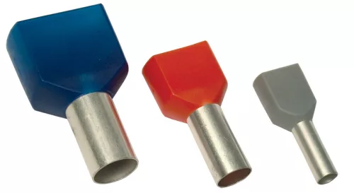 Szigetelt (PA6.6) iker-érvéghüvely 2×2,5mm2, l=10mm, ónoz. elektr.réz, kék