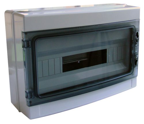 Falon kívüli elosztódoboz, átlátszó ajtóval, N/PE sínnel 18 Modul