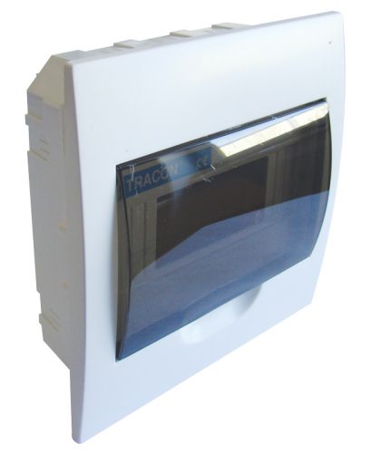 Süllyesztett elosztódoboz, 8 Modulos, füstszínű ajtóval, N/PE sínnel