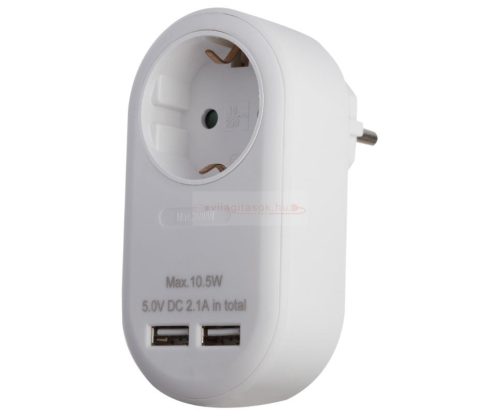 Hálózati adapter 1 földelt aljzat és 2 USB (össz. 2.1A) fehér