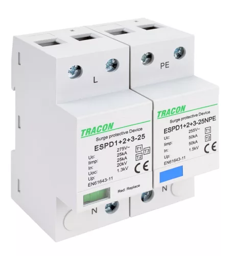 T1+T2+T3 AC típusú túlfeszültség levezető, egybeépített 1+1P 25kA 275V