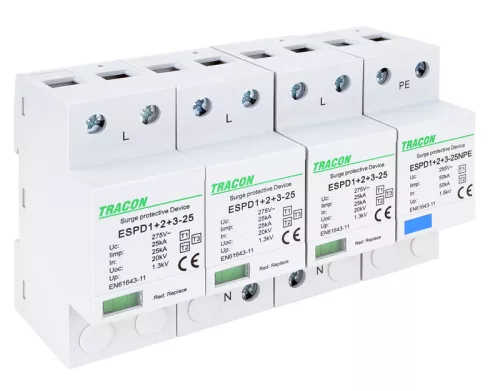 T1+T2+T3 AC típusú túlfeszültség levezető, egybeépített 3+1P 25kA 275V