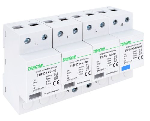 T1+T2 AC típusú túlfeszültség levezető, egybeépített 3+1P 50kA 385V