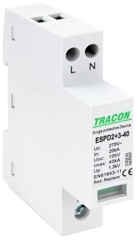 T2+T3 AC típusú túlfeszültség levezető, egybeépített 2P 40kA 275V
