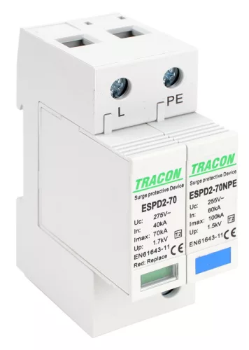 T2 AC típusú túlfeszültség levezető, cserélhető betéttel 1+1P 70kA 275V