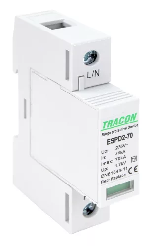 T2 AC típusú túlfeszültség levezető, cserélhető betéttel 1P 70kA 275V