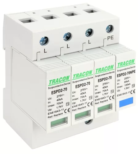 T2 AC típusú túlfeszültség levezető, cserélhető betéttel 3+1P 70kA 275V