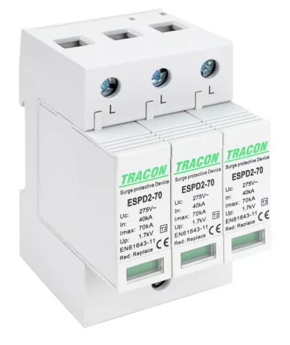 T2 AC típusú túlfeszültség levezető, cserélhető betéttel 3P 70kA 275V