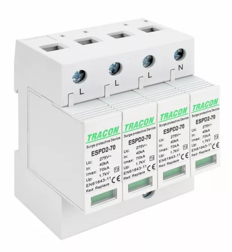 T2 AC típusú túlfeszültség levezető, cserélhető betéttel 4P 70kA 275V
