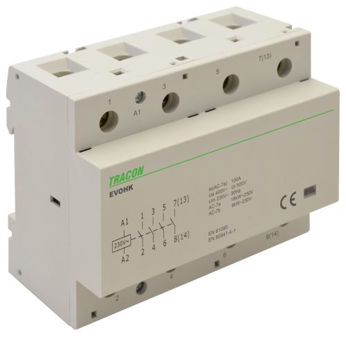 Installációs kontaktor 230V, 50Hz, 4 Mod, 4×NO, AC1/AC7a, 100A,