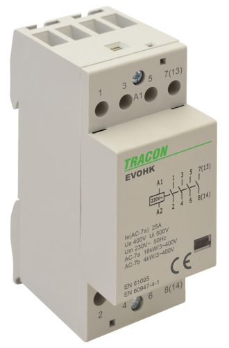 Installációs kontaktor 230V, 50Hz, 2 Mod, 4×NO, AC1/AC7a, 25A,