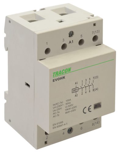 Installációs kontaktor 230V, 50Hz, 3 Mod, 4×NO, AC1/AC7a, 63A,