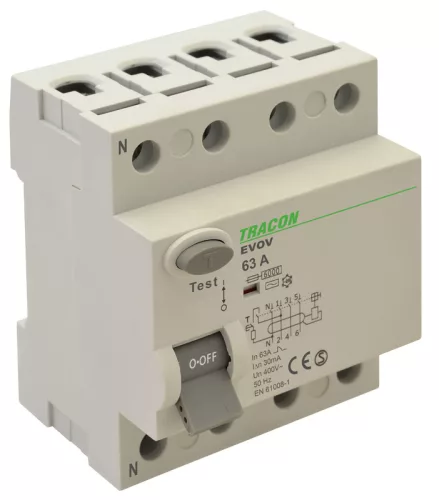 Áram-védőkapcsoló, 4 pólusú 80A, 100mA, 6kA, AC