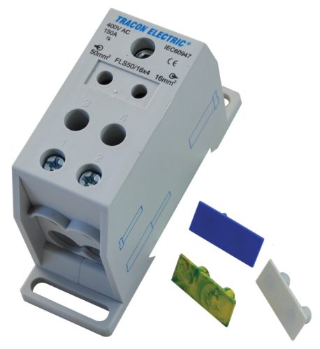 Fővezetéki leágazó sorkapocs, sínre szerelhető 1×50mm2 / 4×16mm2