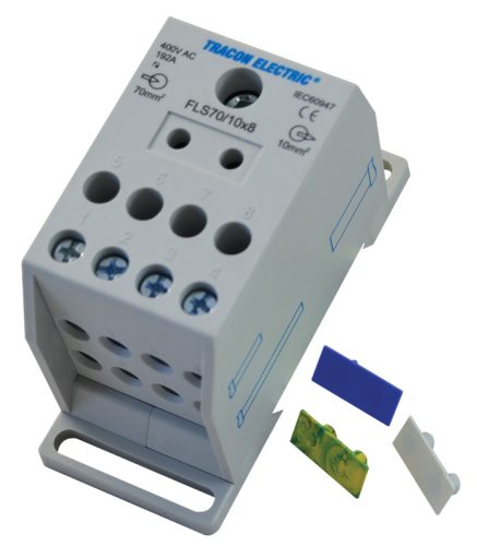 Fővezetéki leágazó sorkapocs, sínre szerelhető 1×70mm2 / 8×10mm2