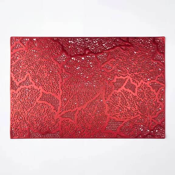 Tányéralátét - levélmintás - PVC - 45 x 30 cm - piros