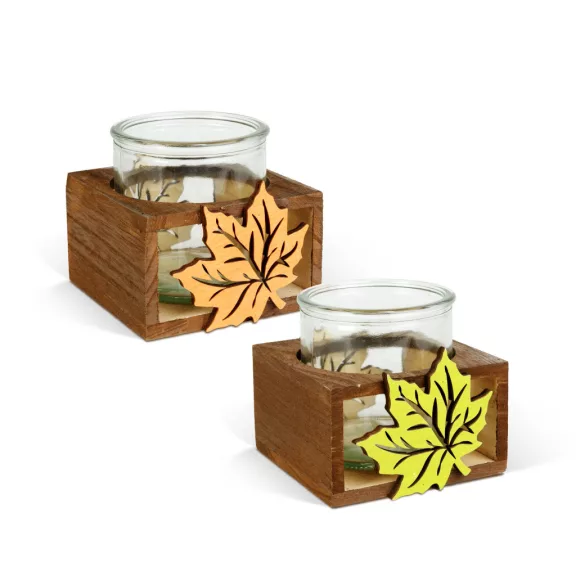 Mécsestartó - üveg pohár - fa talppal - 10,5 x 9,6 x 9 cm - 2 féle