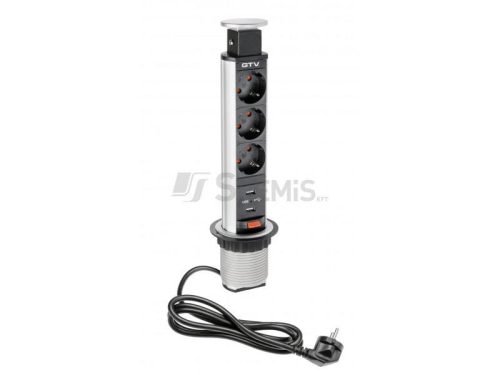 Elosztó 3x230V, 2xUSB, IP20, ezüst, műanyag, asztalba süllyesztett, 60mm, keskeny, SCHUKO