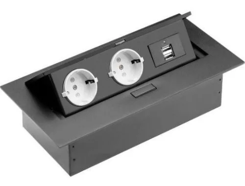 Irodai asztalba süllyeszthető elosztó 2db dugalj 2db USB fekete