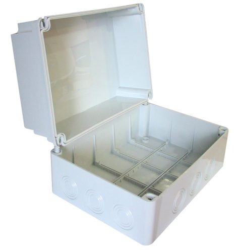 Műanyag doboz, kikönnyített, világos szürke, teli fedéllel 310×230×180mm, IP55