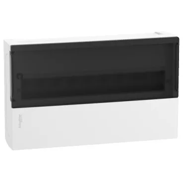 Schneider RESI9 MP Kiselosztó, füstszínű átlátszó ajtó, falon kívüli, 1x18 modul, PEN sín, komplett, fehér