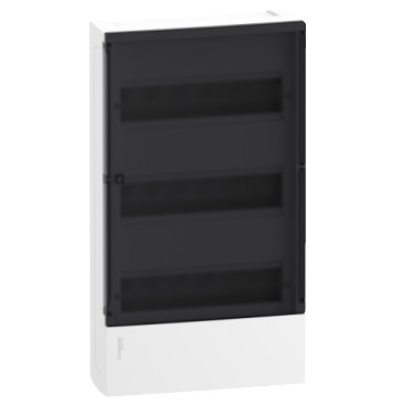 Schneider RESI9 MP Kiselosztó, füstszínű átlátszó ajtó, falon kívüli, 3x12 modul, PEN sín, komplett, fehér