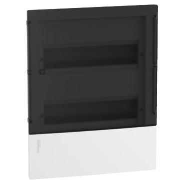 Schneider RESI9 MP Kiselosztó, füstszínű átlátszó ajtó, süllyesztett, 2x12 modul, PEN sín, komplett, fehér