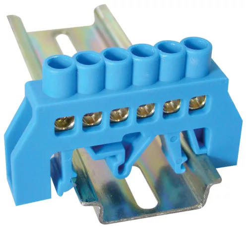 Szigetelt földelősín (N/PE), kék 230/400VAC, 63A, 6×9mm, 6P, IP20
