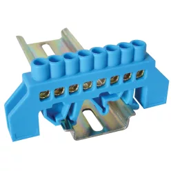   Szigetelt földelősín (N/PE), kék 230/400VAC, 63A, 6×9mm, 8P, IP20