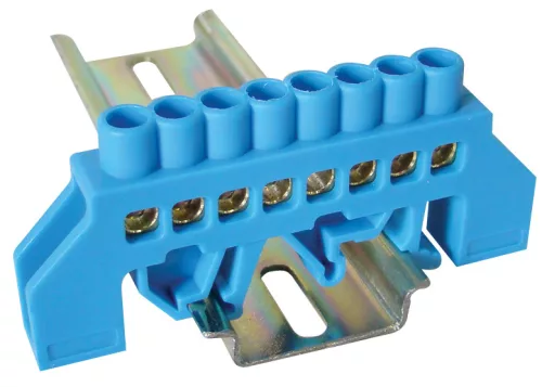 Szigetelt földelősín (N/PE), kék 230/400VAC, 63A, 6×9mm, 8P, IP20