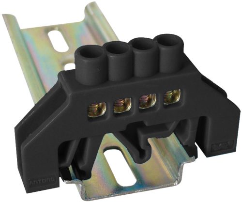 Szigetelt földelősín (N/PE), fekete 230/400VAC, 63A, 6×9mm, 4P, IP20