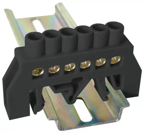 Szigetelt földelősín (N/PE), fekete 230/400VAC, 63A, 6×9mm, 6P, IP20