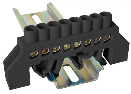 Szigetelt földelősín (N/PE), fekete 230/400VAC, 63A, 6×9mm, 8P, IP20