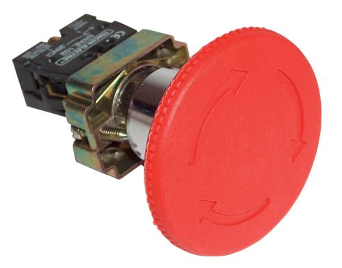 Reteszelt gombafejű vészgomb, fémalap, piros, elfordítással 1×NC, 3A/400V AC, IP42, d=40mm