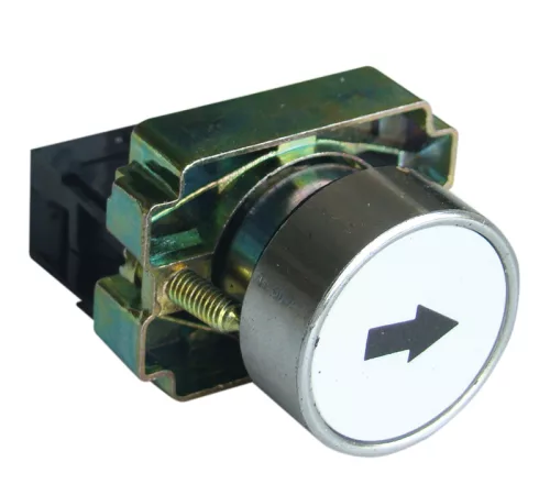 Jelölt nyomógomb, fémalapra szerelt, fehér, (fekete nyíl) 1×NO, 3A/240V AC, IP42