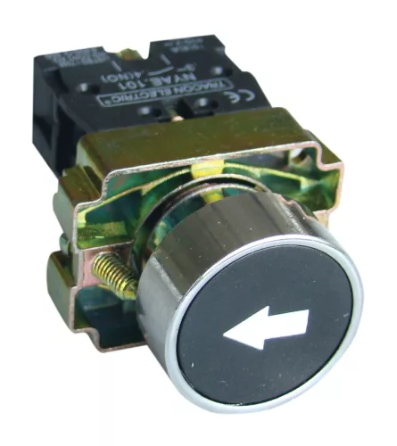 Jelölt nyomógomb, fémalapra szerelt, fekete, (fehér nyíl) 1×NO, 3A/240V AC, IP42