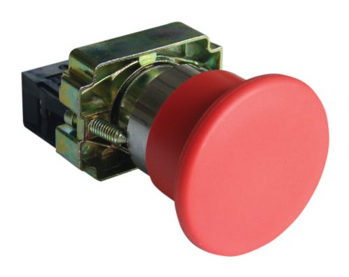 Tok. gombafejű vésznyomógomb, fémalap,piros,sárga f.,nem ret 1×NC, 3A/400V AC, IP42, d=40mm