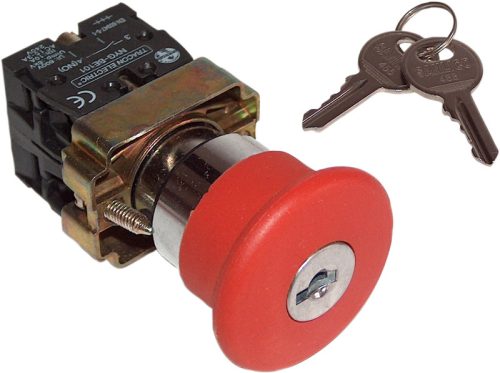 Reteszelt gombafejű vészgomb, fémalap, piros, kulcsos 1×NC+1×NO, 3A/400V AC, IP42, d=40mm