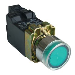   Világító nyomógomb, fémalap, trafóval, zöld, glim, izzó nélk 1×NO, 3A/230V AC, 6V, IP42