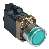   Világító nyomógomb, fémalap, trafóval, zöld, glim, izzó nélk 1×NO, 3A/400V AC, 6V, IP42