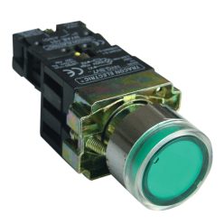   Világító nyomógomb, fémalap, előtét, zöld, glim, izzó nélk. 1×NO, 3A/230V AC, 130V, IP42