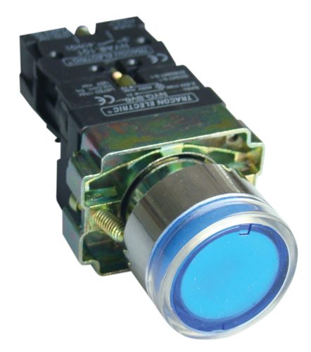 Tok. világító nyomógomb, fémalap, kék, glim, izzó nélkül 1×NO, 3A/400V AC, 230V, IP44