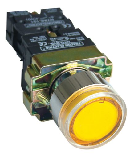 Tok. világító nyomógomb, fémalap, sárga, glim, izzó nélkül 1×NO, 3A/400V AC, 230V, IP44