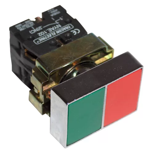 Kettős BE-KI nyomógomb, fémalapra szerelt, zöld+piros 1×NC+1×NO, 3A/400V AC, IP42