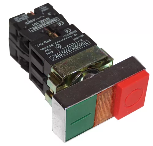 Kettős BE-KI nyomógomb, fémalap, zöld+piros jelzőfény 1×NC+1×NO, 3A/230V AC, IP42