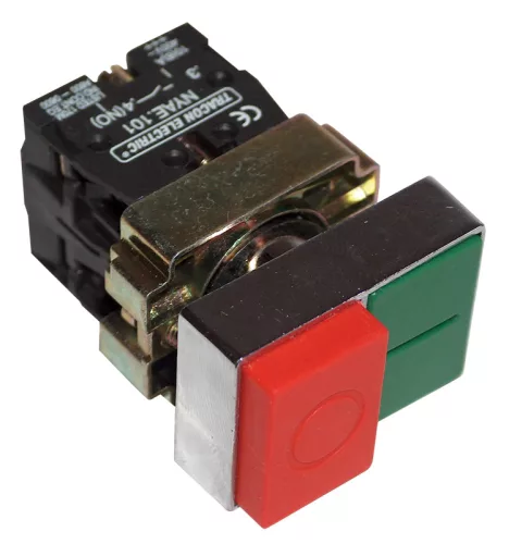Kettős BE-KI nyomógomb, fémalap, zöld+piros kiálló 1×NC+1×NO, 3A/400V AC, IP42