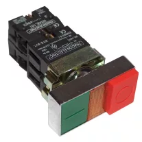   Kettős BE-KI nyomógomb, fémalap, zöld+piros jelzőfény kiálló 1×NC+1×NO, 3A/400V AC, IP42