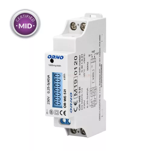 Digitális fogyasztásmérő 1 fázisú 40A, 230V, IP51, LED, 1 modul MID hiteles