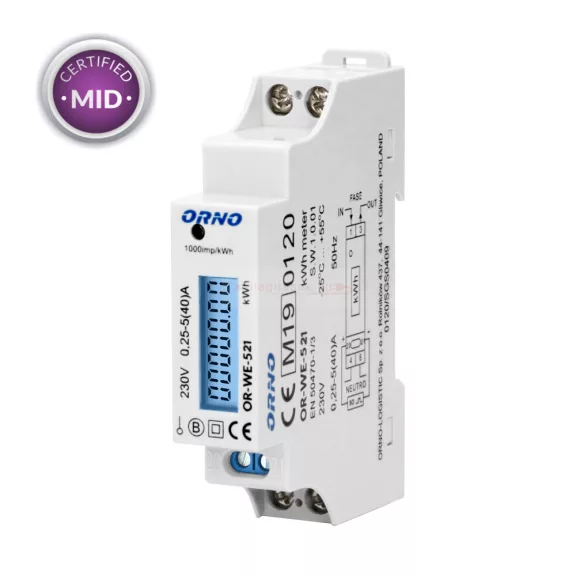Digitális fogyasztásmérő 1 fázisú 40A, 230V, IP51, LED, 1 modul MID hiteles