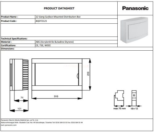 Lakáselosztó 12 modul IP40 falon kívüli Panasonic fehér ajtóval